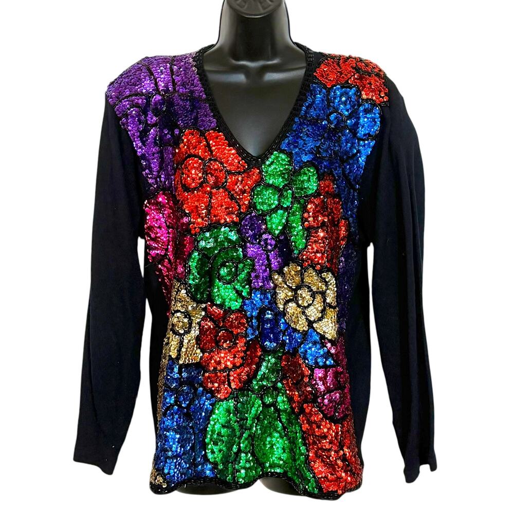Vtg Regency Collection Joyce XL Sequin Sweater Rainbow Floral Maximalist 80s 90s
